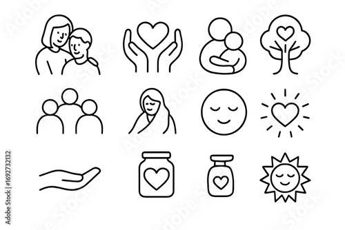 Nurturing Line Icons. Line style icons of nurturing and compassion: caregiver, hands holding heart, parent with child, nurturing