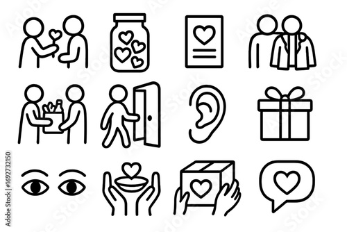 Heartful Actions Icons. Line style icons of heartful actions: giving flower, kindness jar, warm note, shared coat; helping with
