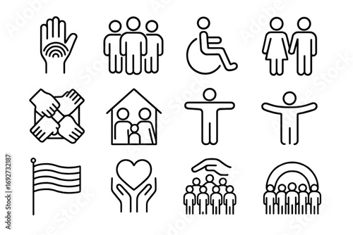 Inclusive Support Icons. Line style icons of inclusive support: rainbow hand, group of people, accessibility icon, family