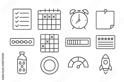 Habit Tracking Icons. Line style icons of habit tracking: habit check sheet, streak calendar, morning alarm, daily sticky; weekly