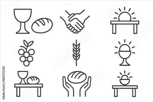 Eucharist Unity Icons. Line style icons of Eucharist unity: bread and cup, hands joined, altar with sun, sacred meal; grape