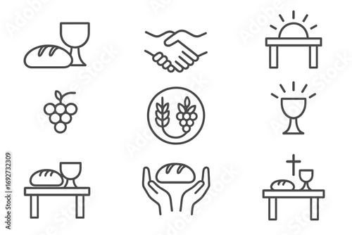 Eucharist Unity Icons. Line style icons of Eucharist unity: bread and cup, hands joined, altar with sun, sacred meal; grape