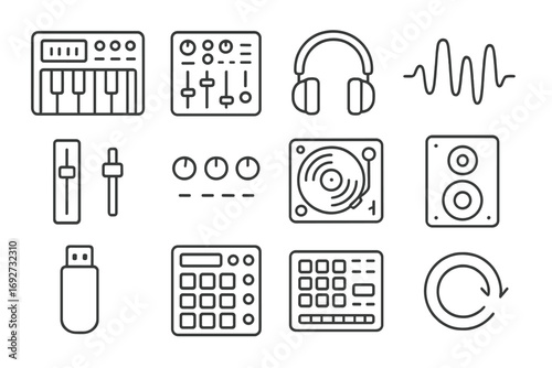 Electronic Music Tool Icons. Line style icons of electronic music tools: synthesizer, DJ mixer, headphones, waveform; fader, knobs