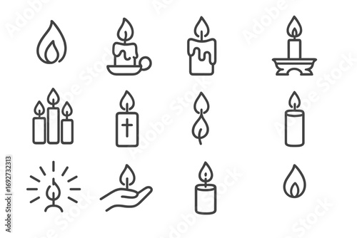Candle Icon Collection. Line style icons of candle and light: flame, candle in holder, wax drip, candle on altar; soft glow, group
