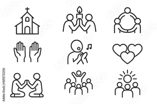 Worship Icon Set. Line style icons of worship gatherings: church building, group in prayer, shared candle, circle of faith;