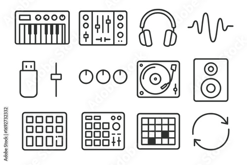 Electronic Music Tool Icons. Line style icons of electronic music tools: synthesizer, DJ mixer, headphones, waveform; fader, knobs