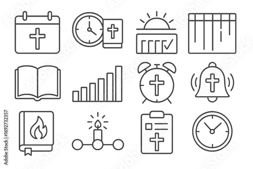 Spiritual Time Icons. Line style icons of Christian time and rhythm: calendar with cross, clock and bible, week of faith, sunrise