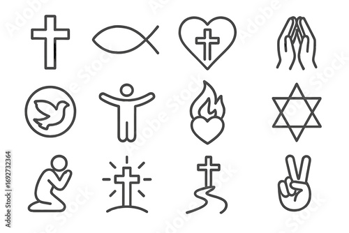 Faith Symbols Icons. Line style icons of faith symbols: cross, fish symbol, heart with cross, praying hands; dove in circle, open
