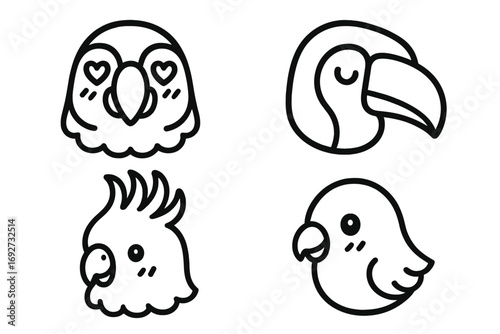 Cute Tropical Bird Icons. Line style icons of cute tropical bird icons: heart-eyed parrot, sleepy toucan, gentle crest cockatoo,