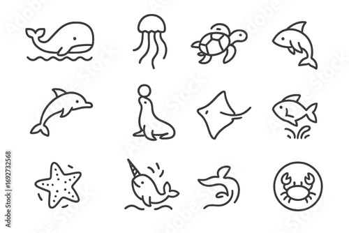Sea Life Icons. Line style icons of floating sea animals: whale above waves, jellyfish drifting, turtle swimming, octopus floating