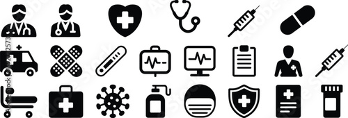 Medical and healthcare icons set including doctor, ambulance, syringe, stethoscope, medicine, heart health, virus, clipboard, first aid, protective mask, and pill symbols.