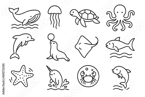 Sea Life Icons. Line style icons of floating sea animals: whale above waves, jellyfish drifting, turtle swimming, octopus floating
