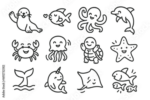 Playful Marine Icons. Line style icons of playful marine gestures: seal waving, fish blowing kiss, octopus dancing, dolphin