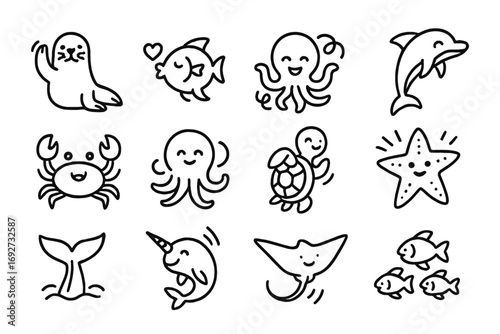 Playful Marine Icons. Line style icons of playful marine gestures: seal waving, fish blowing kiss, octopus dancing, dolphin
