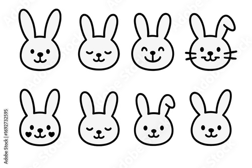 Cute Bunny Faces. Line style icons of cute bunny faces: rabbit with long ears, bunny with closed eyes, happy rabbit, bunny with