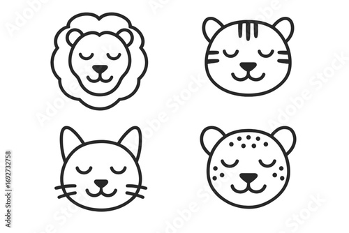 Peaceful Feline Faces. Line style icons of closed-eye feline faces: sleepy lion, blinking tiger, peaceful house cat, content