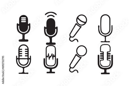 Vintage Microphone Collection, Retro Microphones, Studio Microphones, Classic Audio Equipment, Recording Microphones. Vector illustration eps 10