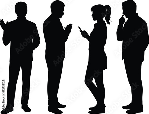 Silhouetted Group of People Engaging in Conversation and Using Technology Standing Together Depicting Modern Communication and Social Interaction in Contemporary Life