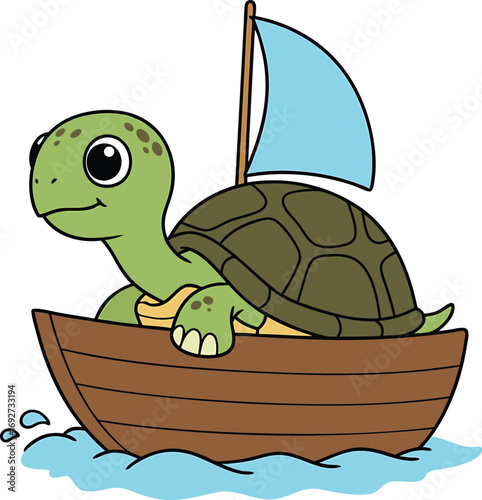 Cartoon turtle sailing the ocean in a wooden boat with a blue sail on white background