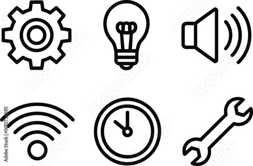 A Collection of Pictograms Line Art Icons Displaying Settings, Idea, Sound, Internet, Clock, and Wrench Depicting Common Actions and Devices