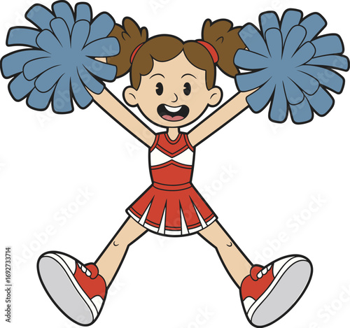 Cartoon cheerleader jumping pose, red and white uniform, blue pom-poms, energetic sports character, smiling girl, team spirit illustration, athletic youth mascot design