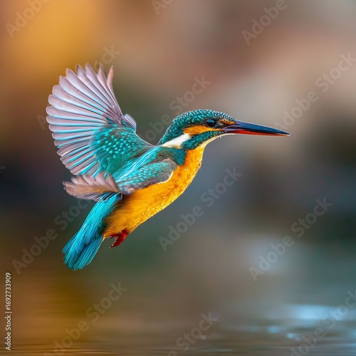 Macro close up of kingfisher in flight wings frozen mid motion vivid colors glowing against soft blurred river backdrop