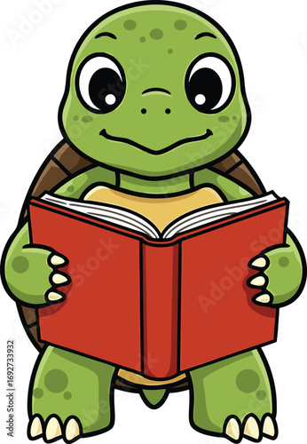 Cute cartoon turtle reading a book educational illustration for learning and storytelling