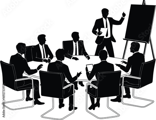 Dynamic Business Meeting a Team Strategizing for Success Collaboration and Innovation Illustrated by Black and White Vector Conference Room Presentation