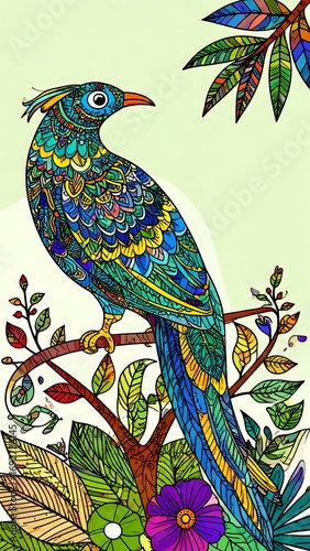 Ornate bird perched on a floral branch