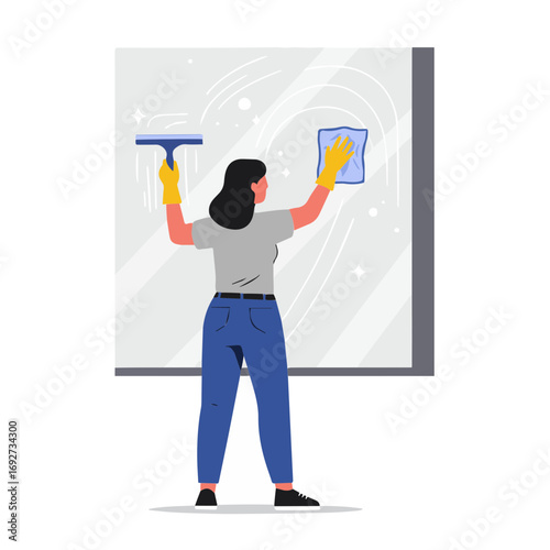 A woman cleaning a mirror, a picture of cleanliness and hygiene. The scene embodies domesticity and everyday tasks, symbolizing a neat and well-maintained environment.
