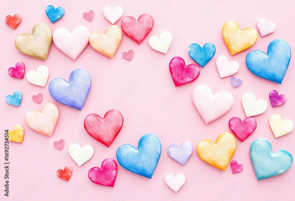 Fototapeta premium Whimsical watercolor hearts scattered on a soft pink background, romantic and dreamy atmosphere, valentine, relationship