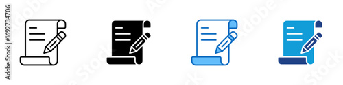 Contract Writing Multiple Style Icon Design Vector - scroll paper and pencil, representing writing, agreement, or drafting official documents