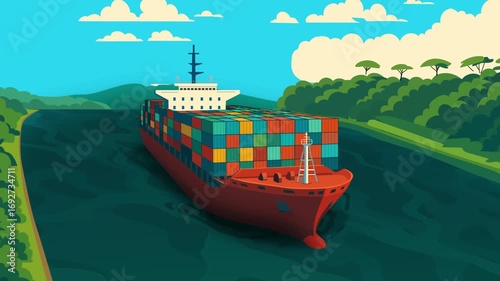 A large container ship navigates the Panama Canal surrounded by nature, representing international trade and global maritime transport.	
