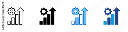 Performance Growth Multiple Style Icon Design Vector - Bar chart and gear with upward arrow indicating performance improvement, optimization, or business growth