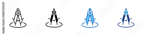 Precision Tools Multiple Style Icon Design Vector - compass tool standing upright on a surface, representing accuracy and technical planning
