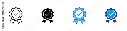 Quality Badge Multiple Style Icon Design Vector - ribbon badge with a checkmark inside, symbolizing certified quality, achievement, or approval