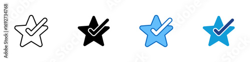 Quality Rating Multiple Style Icon Design Vector - Star shape with a check mark, symbolizing high rating, top quality, or best choice approval