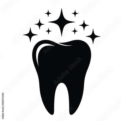 Black and white vector of a healthy tooth with sparkle stars symbolizing dental hygiene and oral care