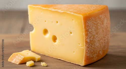 Wedge of Swiss Cheese on a Wooden Table.