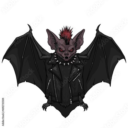 Bat in leather jacket with spiked collar, clean vector design, wings folded, white background, Halloween punk concept