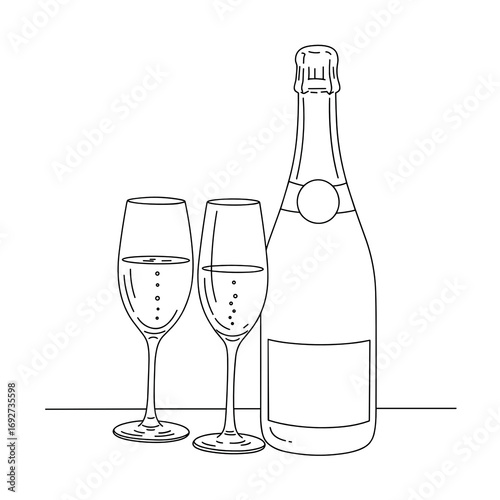 Linear drawing of champagne bottle and two glasses, minimalist design, white background, celebration concept