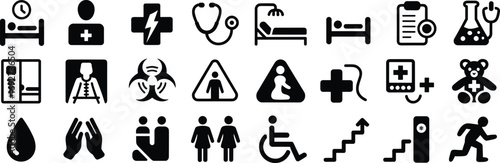 Medical icons set, healthcare symbols, hospital signs, patient care illustrations, emergency, medical equipment, health services, hospital icons collection, healthcare vector design