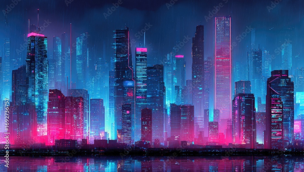 Fototapeta premium Neon city skyline at night