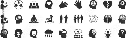 Mental health and wellness icons illustrating mindfulness, therapy, emotions, psychological states, support systems, and cognitive and behavioral processes.