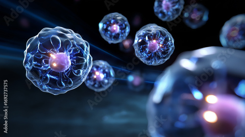 Wide view: glowing stem cells in spherical shapes, faint halo glow against dark background, space above free.