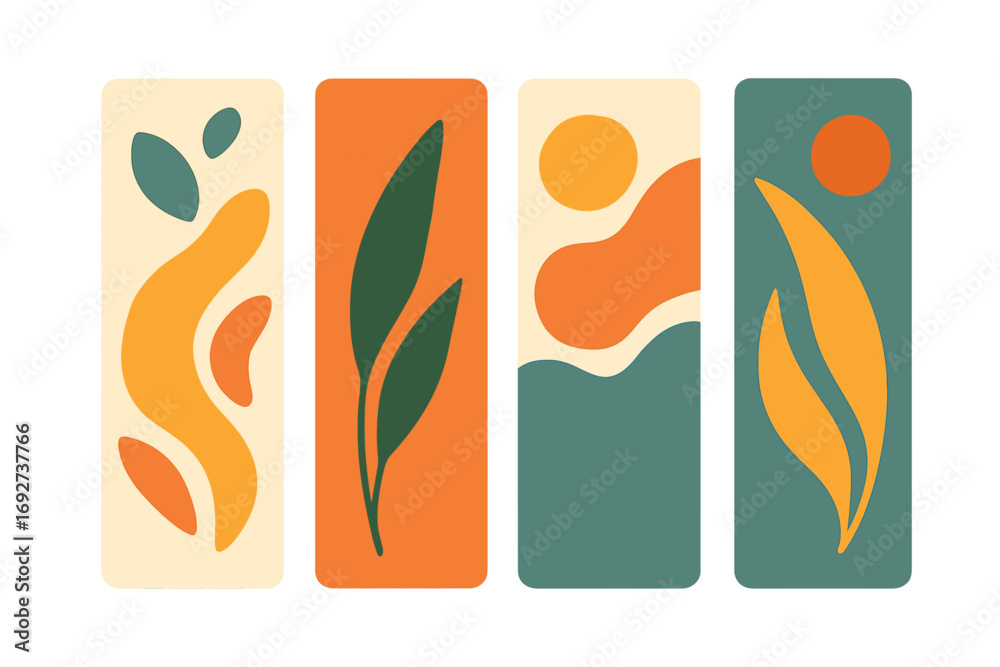 Naklejka premium Abstract botanical illustrations with warm colors and organic shapes painted bookmarks