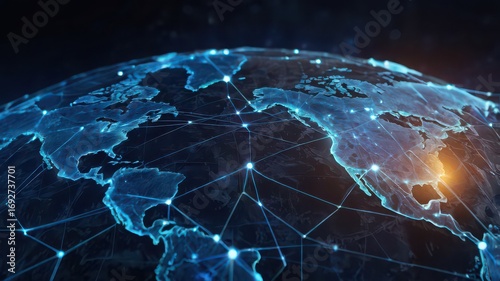 Global network of interconnected nodes with glowing blue light over earth