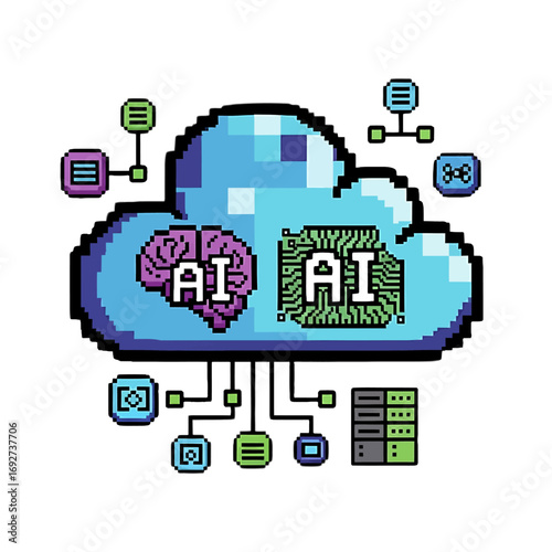 Futuristic pixel art concept of cloud computing with artificial intelligence, showcasing a digital brain and microchip for next-generation data processing