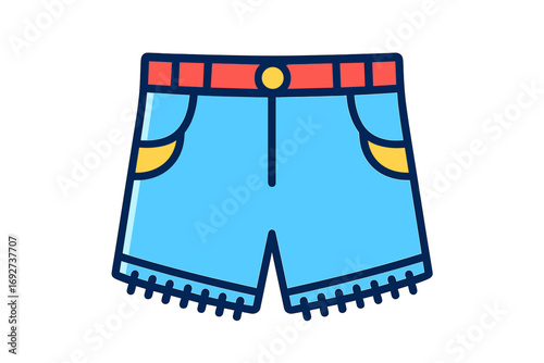 Classic blue denim shorts with yellow accents and red waistband cropped denim shorts