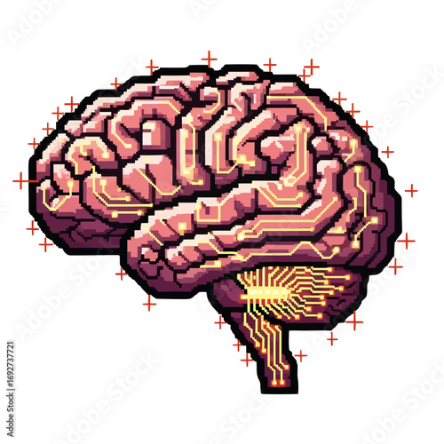 Conceptual 8-bit design of a cybernetic brain showcasing the fusion of human biology and advanced computer technology for artificial intelligence